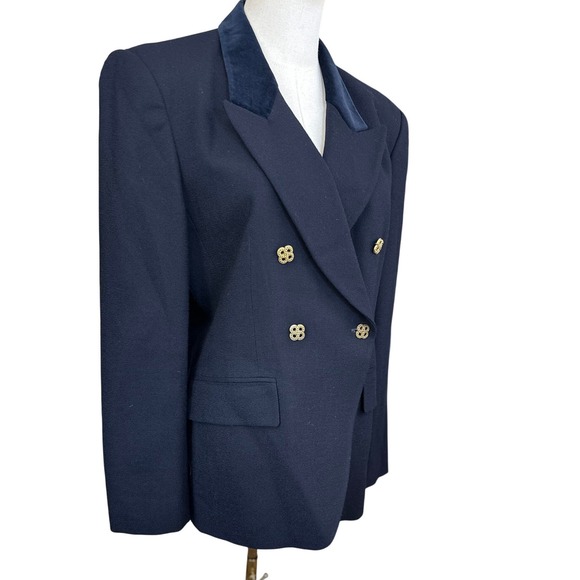 JONES NEW YORK VTGE Navy Velvet Collar Double Breasted Blazer SZ 8 Gold Buttons - Picture 2 of 15